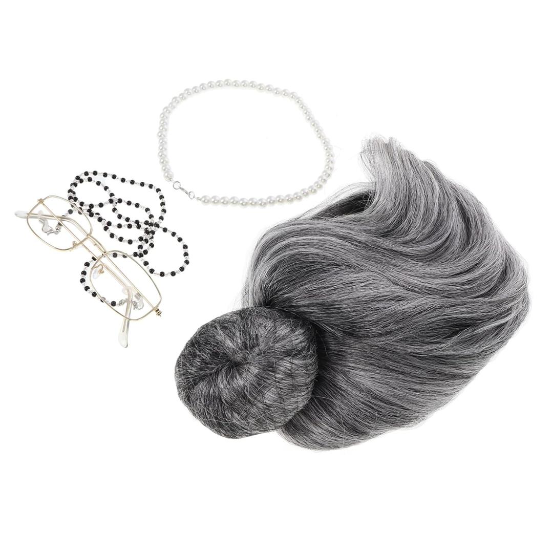 Old Lady Cosplay Set Wig Glasses Faux Pearl Bead Necklace Chain of School Halloween Stage Performances Fun Versatile Costume for All Ages
