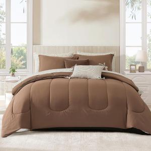 Monbix Queen Comforter Set - 7 Pieces Brown Bed in a Bag Queen Track Stitching Bedding Sets, All Seasons Comforter Bed Set with Sheets,Pillowcases & Shams