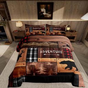 Feelyou Bear Deer Bedding Set Soft for Boys Girls, Wildlife Hunting Comforter Set Full Size Rustic Cabin Duvet Quilt Microfiber Farmhouse Bedroom Decor 3 Pcs with 2 Pillow Cases (Red Brown Black)