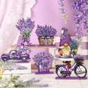 Bememo 6 Pcs Spring Table Decorations Wooden Lavender Tiered Tray Decor Rustic Purple Block Sign Table Centerpieces Farmhouse Freestanding Tabletop for Home Restaurant Kitchen Shelves Party Decor