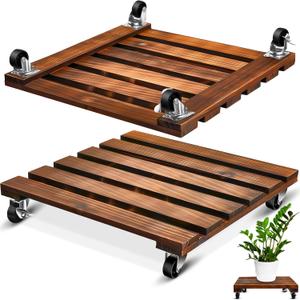 2 Pack 16 Inch Wooden Rolling Plant Stand with Lockable Wheels Heavy Duty Square Plant Dolly Pot Risers Roller Base for Indoor Outdoor Planters