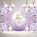 Golden Cross God Bless Photo Background Newborn Christening Purple Flowers Decoration First Holy Communion Baptism Christening Party Backdrop Baby Shower Cake Table Background (8X6FT)
