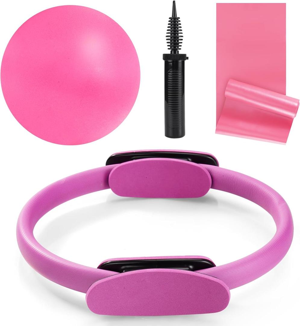 Tsikavo Pilates Ring, Pilates Ring Circle and Ball Set, 12 Inch Magic Circle Pilates Ring, 9 Inch Small Exercise Ball, Resistance Bands Set, Home Pilates Equipment for Women (Pink)