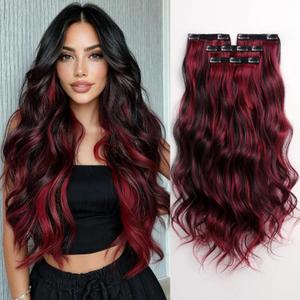 25 Inch Clip in Hair Extensions for Women Long Wavy Synthetic Hair Extension 4PCS Thick Hairpieces Natural Soft Clip On Extensions Invisible Volumizer Clips Ins for Thin Hairs Black Mix Red