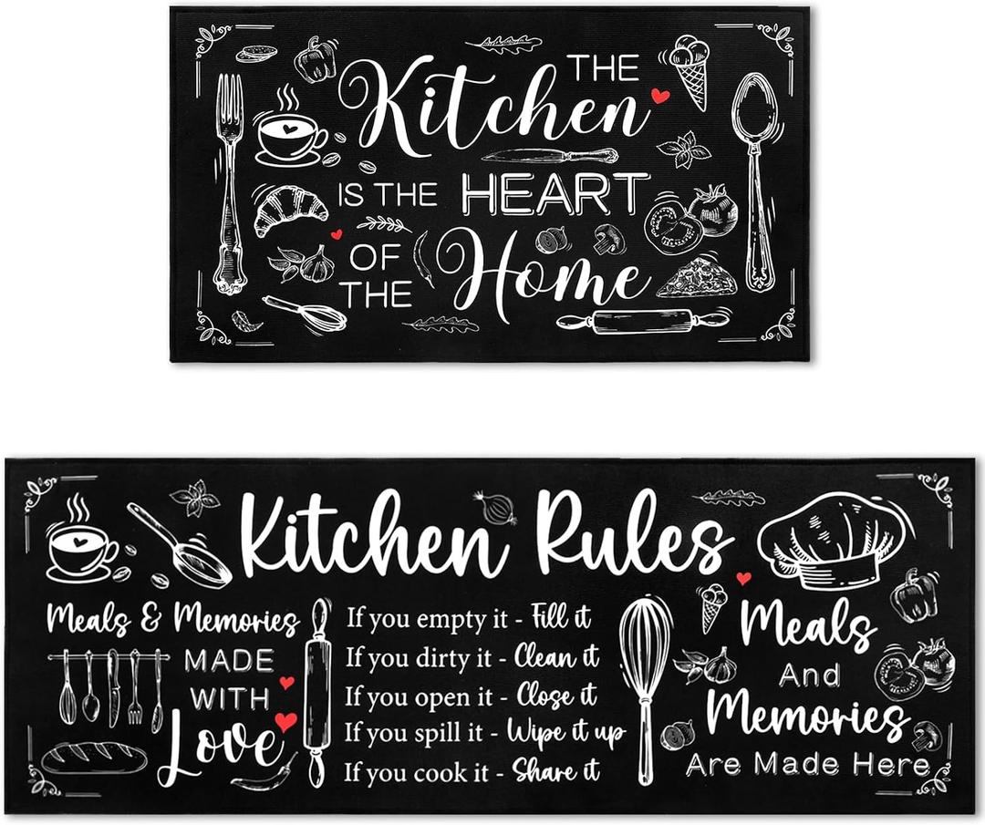 Bencailor 2 Pcs Farmhouse Kitchen Rugs and Mats Set Non Slip Kitchen Rugs Washable Black Brown Door Mats for Floor Home Bathroom Cabin Decorative, 29 x 17 in and 47 x 17 in(Tableware Pattern)