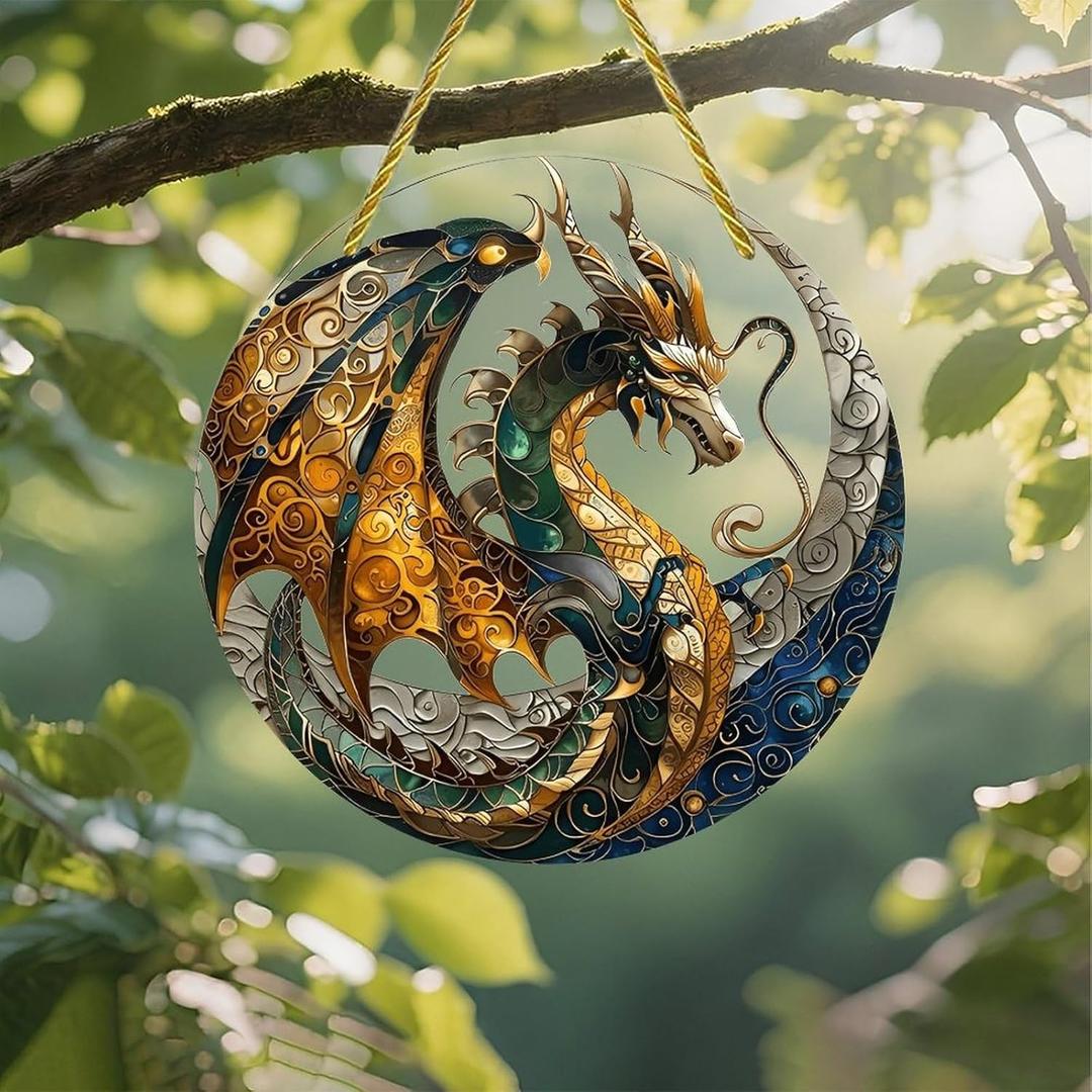 Colorful Acrylic Suncatcher, Ornate Dragon Circular Design 7-inch Hanging Window Wall Art Decor with Printed Stained Glass Style Design, Gift Idea & Garden Ornament Indoor Outdoor Use