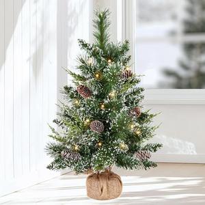 deeinglif 2ft Mini Christmas Trees 24" with LED Lights and Pine,Tabletop Branches Cones and Cloth Bag Base Home Party Dining Room Window Decoration for Christmas