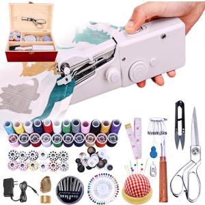 Hand Held Sewing Machine, with Red Wooden Sewing Box and 143 PCS Sewing Kit, Mini Portable Handheld Sewing Machine for Adults and Beginners, with a Power Adapter and Heavy-Duty Scissors