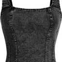 WDIRARA Women's Denim Corset Tank Top Asymmetrical Hem Crop Tops Sleeveless Zip Up Back Tanks (Medium, Black)