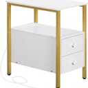 HOOBRO End Table with Charging Station, Narrow Side Table with 2 Drawer & USB Port & Power Outlets, Nightstand for Small Spaces, Stable and Sturdy, for Living Room, Bedroom, Gold and White DW541BZ01, 11.8L x 18.9W x 24H