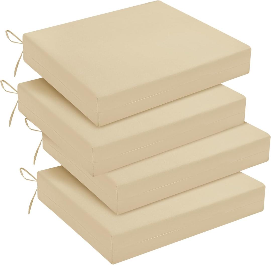 downluxe Outdoor Chair Cushions Set of 4 for Patio Furniture, Water-Resistant Square Corner Patio Chair Cushions with Ties, High Density Foam Outdoor Seat Cushion, 18.5" X 16" X 3", Beige
