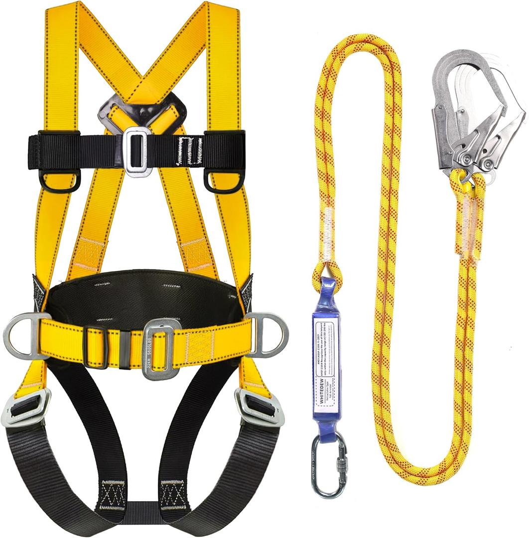 Safety Harness Fall Protection Kit with Shock Absorbing Lanyard, Roofing Work Harnesses Full Body Safety Harness for Construction (Yellow)