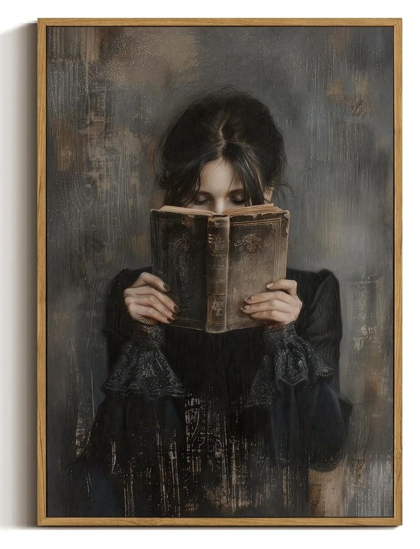 Dark Academia Lady Reading Framed Canvas Wall Art 16x24 inch