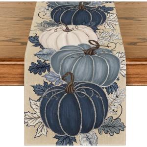 Artoid Mode Blue and White Porcelain Pumpkin Ink 210 GSM Fall Table Runner, Seasonal Autumn Kitchen Dining Table Decoration for Home Party Decor 13x72 Inch