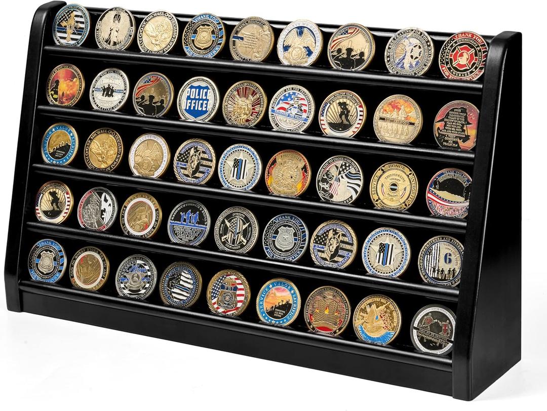 Challenge Coin Display Case, 5 Row Military Coin Wooden Holder Rack Stand Holds 50 Coins for Desk or Wall Mount, Coin Holders for Collectors (Black Finish)