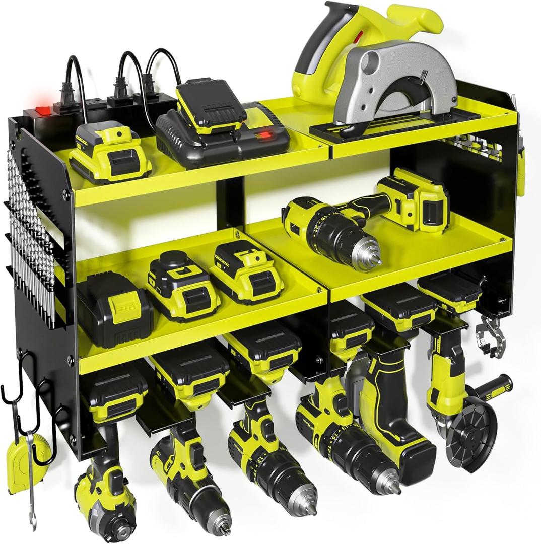 Power Tool Organizer, 15 Min Quick Assembly & Max 420lb load by Heavy Duty Metal, 6 Slots for Cordless Drill with 4 Outlet Power Strip in Garage/Workshop/Suitable for Thanksgiving/Christmas (Green)