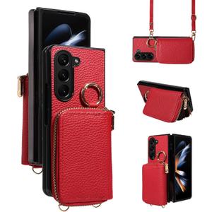 Wallet Case for Samsung Galaxy Z Fold 5 5G 2023 & Shoulder Strap Ring Buckle, Luxury PU Leather Zipper Flip Organ Purse, Card Holder Stand Phone Cover for ZFold5 Z5 G Fold5 5ZBB Women Men Red