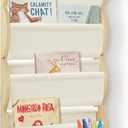 Wooden Wall Mounted Bookshelf for Kids Rooms, 4 Tier Floating Nursery Book Shelf, Kids Bookshelf with 2 Pockets, Toddler Sling Book Rack with Deep Sleeves (Beige)