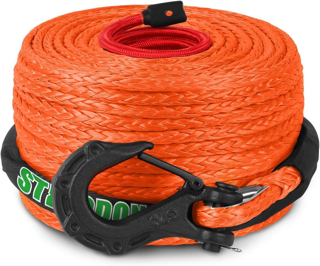 STEGODON Synthetic Winch Rope, 3/8" x100ft 23809LBS Dyneema Winch Rope 3/8 Heavy Duty Winch Cable with Protective Sleeve Forged Winch Hook for 4WD Off Road Vehicle Truck SUV (Orange)