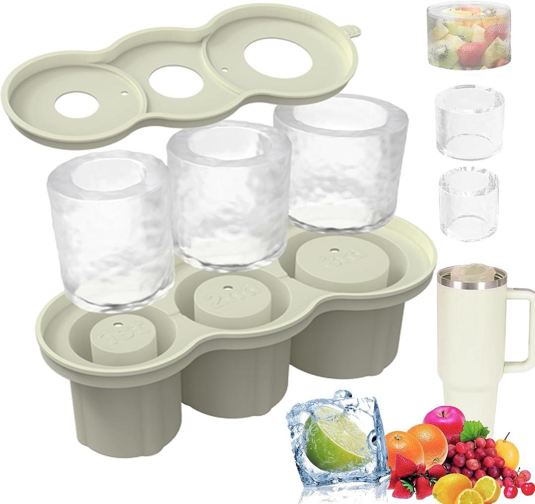 Ice Cube Trays for Stanley 40 oz Tumbler Cup, Silicone Ice Cube Mold with Lid and Bin,3pcs Ice Cube Trays for Freezer, Ice Drink, Juice, Whiskey, Coffee, Cocktails, Stanley Cup Accessories (White)