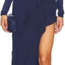 Women Long Sleeves Mesh Tassel Ruffle Maxi Dress With High Slit Party Dress | Asymmetrical Ruffle Hem Side Split Bodycon Dress Open Back Evening Gowns Prom Wedding Guest Date Night Cocktail Party Dress