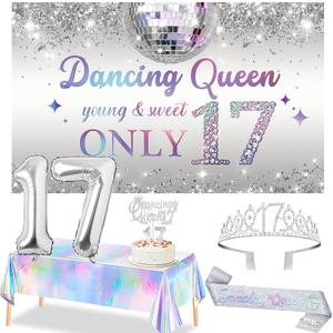 Trgowaul 17th Birthday Dancing Queen Party Decorations, Silver 17 Year Old Dancing Queen Banner, Tablecloth, 17 Sash and Crown, Cake Topper, Sweet 17th Birthday Party Supplies for Girls