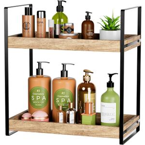 BEKU 2 Tier Bathroom Counter Organizer - Kitchen Sink Countertop Shelf - Makeup Vanity Tiered Tray - (Wood)