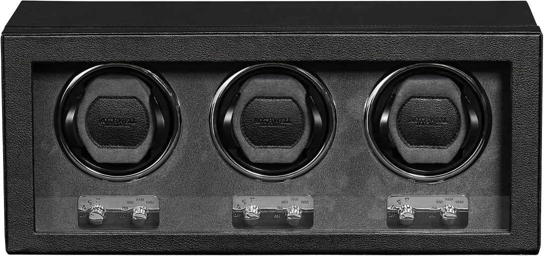 ROTHWELL Triple Watch Winder for Automatic Watches with Quiet Motor with Multiple Speeds and Rotation Settings (Black/Grey)