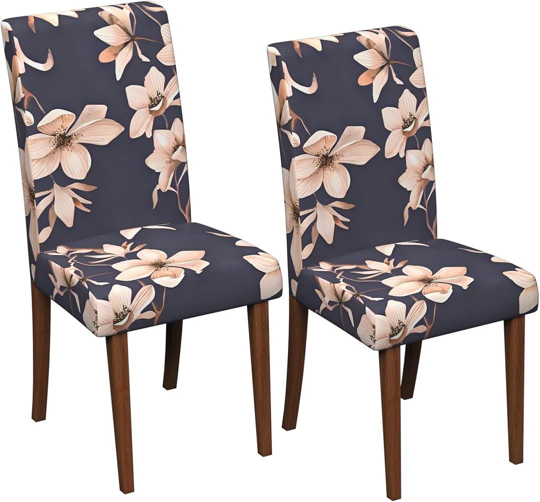 Stretch Dining Chair Covers Set of 2,Floral Print Chair Covers,Soft Removable Washable,Pet Friendly Furniture Protector,Universal Chair Slipcovers for Home, Kitchen,Ceremony Dining Room Seat (Dark Gray Magnolia Flowers)