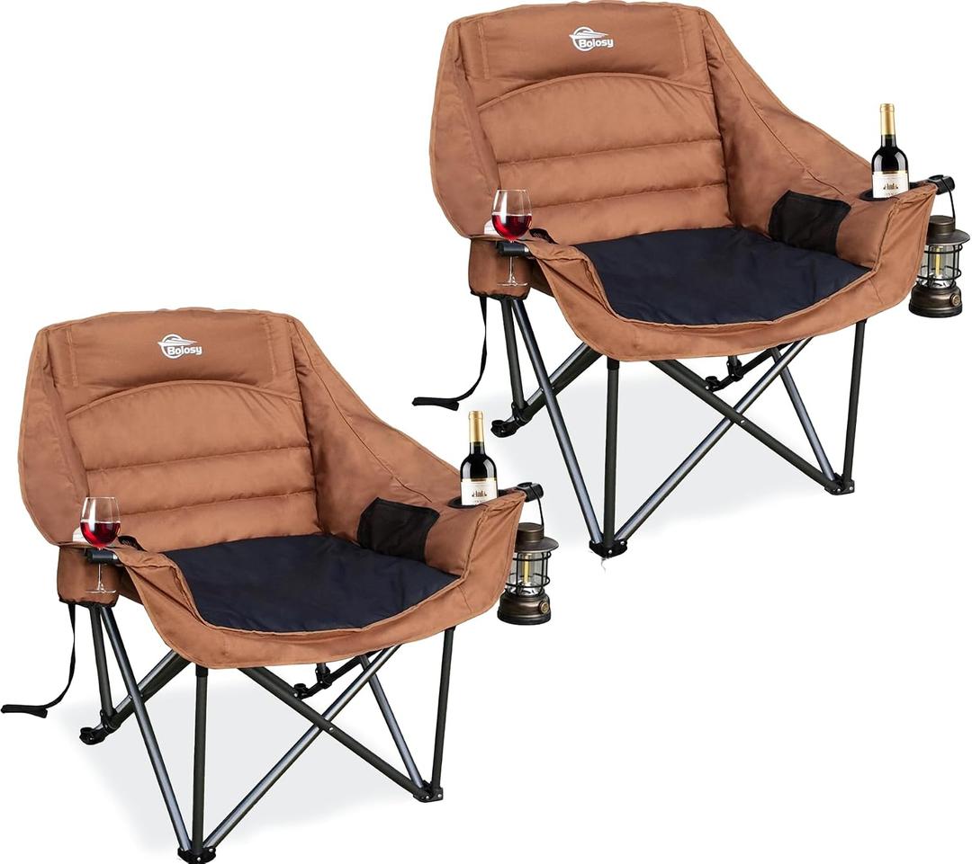 2 Pack Oversized Camping Chairs for Adults Heavy Duty | XL Padded Camp Chairs Outdoor Folding Chair with Cup Holder for Camping Sports Beach Fishing Garden Lakeside, Supports 500lbs