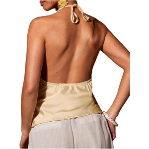 Women's Elegant Satin Backless Party Halter Tops Ruched Bust V Neck Sleeveless Tank Top Yellow, Size: Large