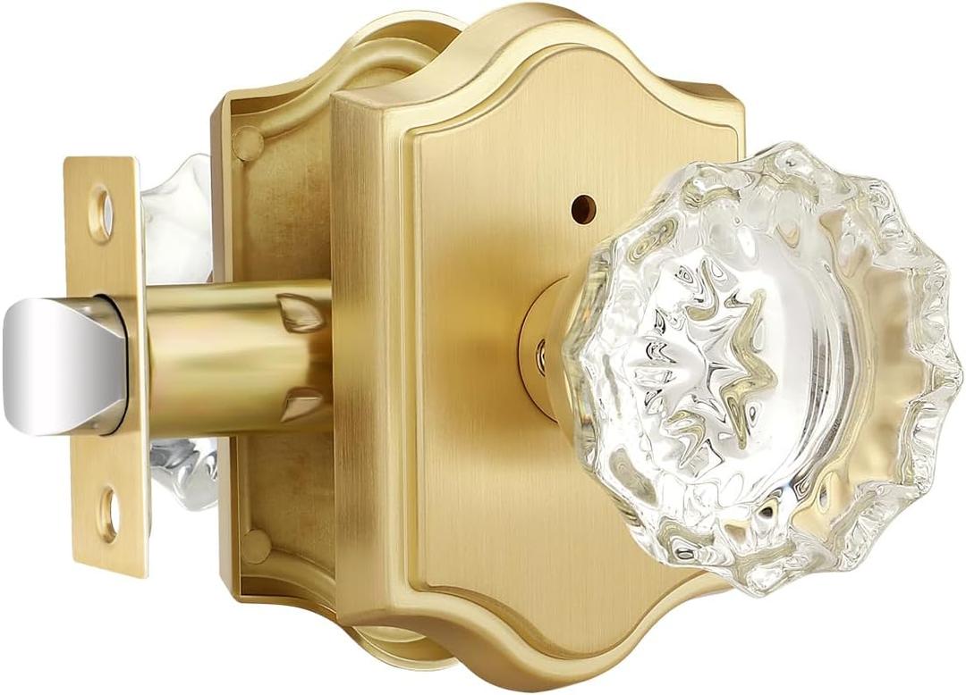 EHOMEWARE 1 Pack Clear Crystal Door Knobs, Privacy Door Levers Gold, Bed/Bath Glass Door Handles, Keyless Door Lockset, Reversible for Left or Right Side (Satin Brass) EHOMEWARE 1 Pack Clear Crystal Door Knobs, Privacy Door Levers Gold, Bed/Bath Glass Door Handles, Keyless Door Lockset, Reversible for Left or Right Side (Satin Brass)