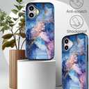 Compatible for iPhone 16 Plus Case Cute with Card Holder Shockproof Slim Slot Phone Wallet Cover for Women/Blue Pink Marble Natural Stone Swirls Painting Abstract