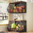 Stackable Fruit Basket for Kitchen Countertop Space Saving, Wall Mounted Mesh Metal Wire Baskets with Wood Lid Extra Storage, 2 Pack Kitchen Counter Organizer for Snack, Onion and Potato Storage