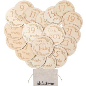19 Pieces Pregnancy Milestone Signs Weekly Baby Bump Tracker 4.7" Milestone Cards Wooden Discs Double Sided Pregnancy Weekly Signs Neutral Baby Announcement Cards with Bag for Pregnant Moms