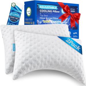 btasleeep Side Sleeper Pillow for Adults, Valentine's Days Gifts, Cooling Curved Pillow for Neck & Shoulder Comfort, Adjustable Shredded Memory Foam Loft, Extra Fill Included, Queen Size Set of 2
