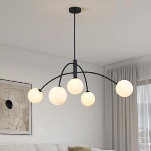 Mid Century Chandelier Black Ceiling Light 5 Light Sputnik Light Fixture with White Glass Globe Adjustable Modern Sputnik Chandelier for Dining Room Kitchen Bedroom