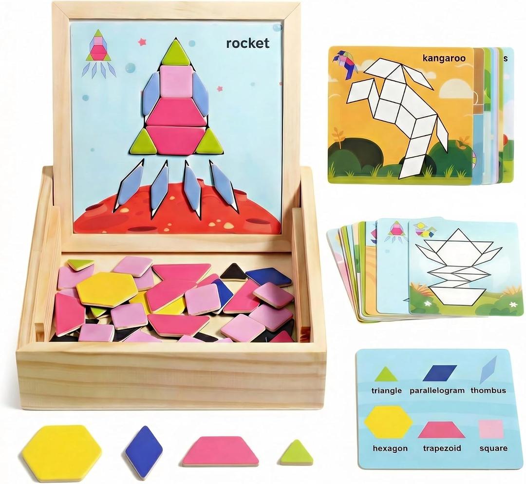Magnetic Pattern Blocks Wooden Geometric Shape Puzzle Toy for Kids Toddlers Age 3-8 Montessori STEM Learning Educational Game 75Pcs Tangram with Storage Box Travel Gift Classroom Whiteboard