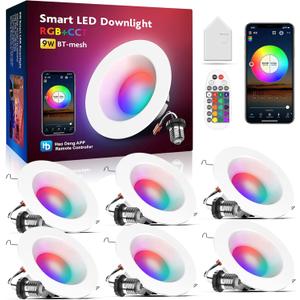 Smart Can Light 6 Inch, WiFi & Bluetooth LED Downlight 6Pack, Multicolorred, Dimmeble, 2700K-6500K CCT Selectable, RGBCW Remote LED Recessed Lighting Compatible with Alexa Google Home