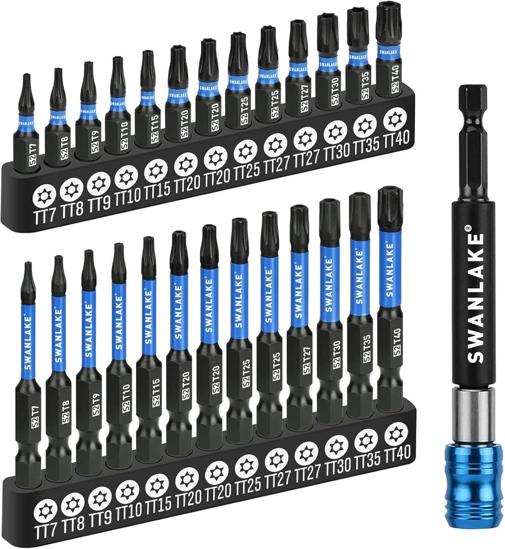 SWANLAKE Impact Torx Bit Set, 27-piece 1''&2'' Security Tamper Proof Magnetic Screwdriver Bits, T7-T40 CNC Machined Tips, S2 Steel Long Torque Star Bits with 4'' Impact Bit Holder and Storage Box