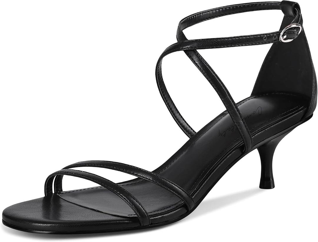 Women's Kitten Heel Sandals Strappy Ankle Strap Open Toe Low Heel Comfortable Dress Shoes for Wedding Party (Black)