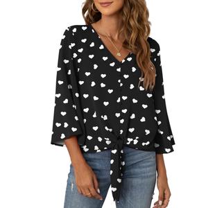 VIISHOW Women's Casual V Neck Tops 3/4 Sleeve Tie Knot Summer Blouses Button Decorative Shirts Blouses,L Black Love,Small