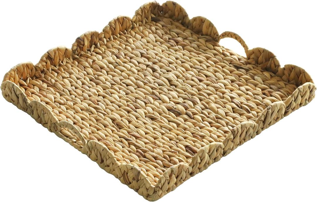 Extra Large Square Ottoman Table Tray 19.7" with Handles - Water Hyacinth Wicker Serving Wicker Tray for Farmhouse Decorative Oversized Coffee Table Living Room Kitchen Counter Breakfast Scalloped (20" x 20" x 2.4")