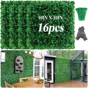 16 Pcs 10" X 10" Artificial Grass Wall Panels, UV-Resistant Fake Boxwood Panels Faux Green Grass Wall Greenery for Indoor Outdoor Patio Balcony Office Privacy Fence Wedding Party Photo Backdrop Decor