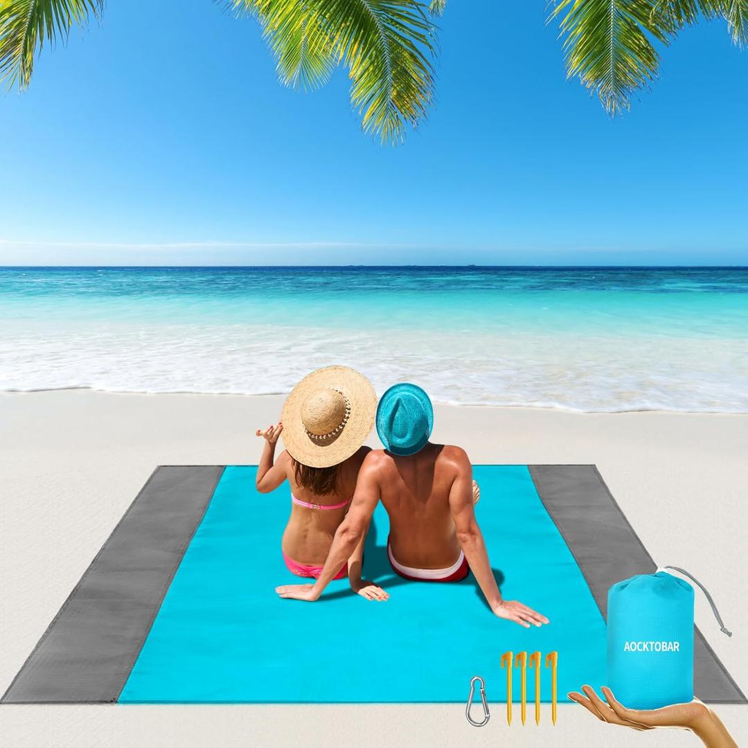 AOCKTOBAR Beach Blanket, 83''*79''(210 * 200cm) Waterproof Sandproof Picnic Blankets for 3-5 Adults, Oversized Lightweight Beach Mat, Big & Compact Picnic Mat for Travel, Camping, Hiking, Beach, Blue