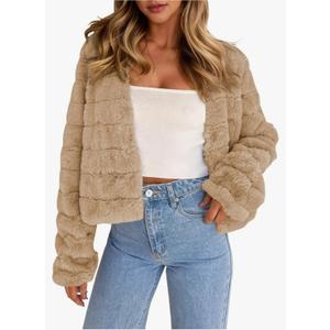 Fisoew Womens Cropped Faux Fur Jackets Long Sleeve Open Front Fluffy Short Coats, Medium