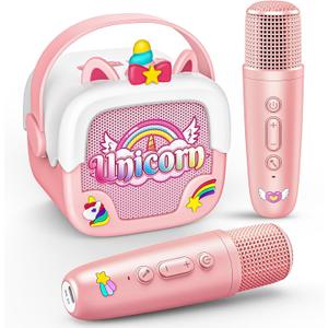 Mini Karaoke Machine for Kids Girls: Unicorn Portable Bluetooth Speakers With 2 Wireless Mic Christmas Birthday Gifts for 5 6 7 8 9 10 11 Years Teen Toys for Girls age 4-6 7 8 9 Stocking Stuffers Pink