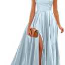 Women's 2025 Satin Dress Elegant Deep V Neck Flutter Sleeve A-Line Gown Cocktail Party Maxi Dresses LightBlue S