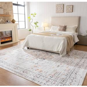 QOTIB 8x10 Washable Area Rug Vintage Distressed, Low Pile Large Rug with Non Slip Backing & Reinforced Edges, Ultra Soft Foldable Indoor Carpet for Living Room, Bedroom, Dining Room, Office, Yellow