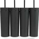 SKINNY TUMBLERS Matte Pastel Colored Acrylic Tumblers with Lids and Straws (4 pack) | 16oz Double Wall Plastic Tumblers With FREE Straw Cleaner! Reusable Cup With Straw | Vinyl DIY Gifts (Black)